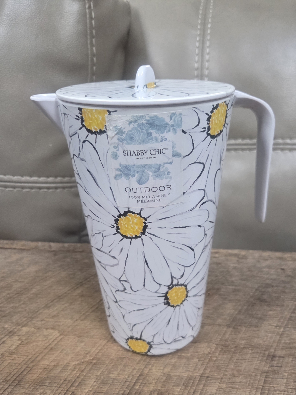 NWT Shabby Chic White & Yellow Daisy Melamine Pitcher - Outdoor Bin PP